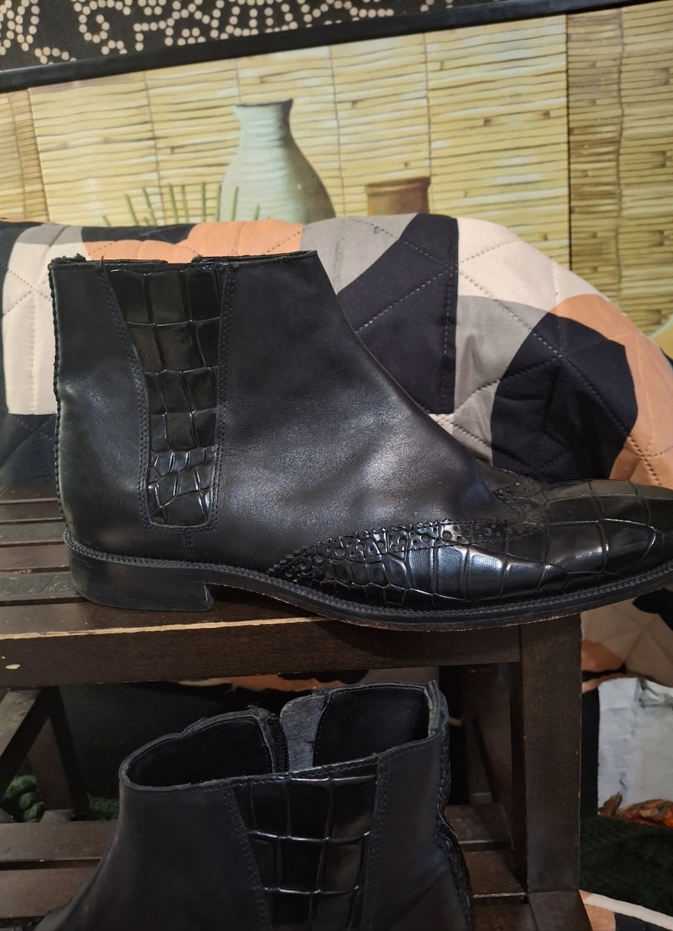 Men's Black Croc-Texture Leather Chelsea Boots